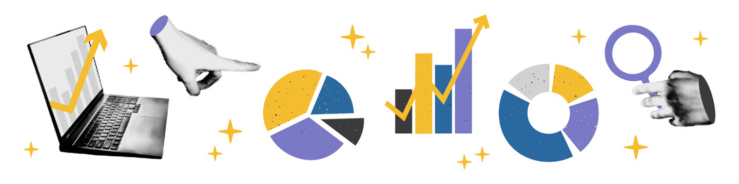 Trendy collage cutout elements set with doodles. Pie chart, diagram, graph and rising arrow chart. Business analysis, report, information and statistic concept. Modern retro vector illustration