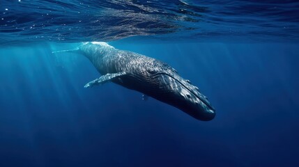Naklejka premium Humpback Whale Swimming in Deep Blue Ocean