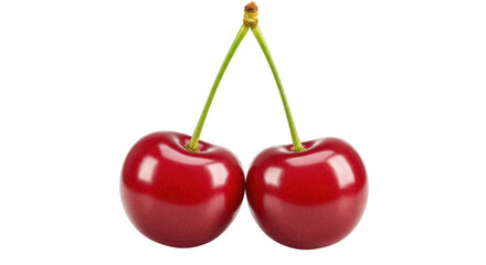 Isolated Pair of Fresh Red Cherries with Green Stems