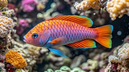 Obraz premium Vibrant coral reef fish in its natural habitat. A colorful fish with orange, pink, and blue scales swims amidst various coral formations