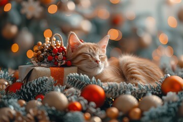 A Cozy Ginger Cat Comfortably Nestled Among Colorful Christmas Decorations and Ornaments