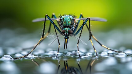 Vibrant mosquito resting on water droplets