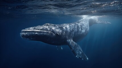 Naklejka premium Humpback Whale Submerged in Deep Blue Ocean