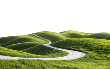 Winding asphalt road through green hills isolated on white background PNG. GENERATIVE AI