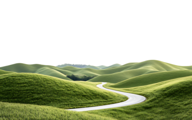 Winding asphalt road through green hills isolated on white background PNG. GENERATIVE AI