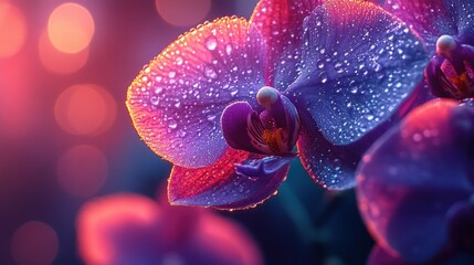 Obraz na płótnie Canvas Vibrant orchid blossoms, dew drops, and soft lighting