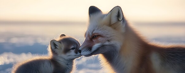 Obraz premium Mother fox gently nuzzles noses with her adorable kit