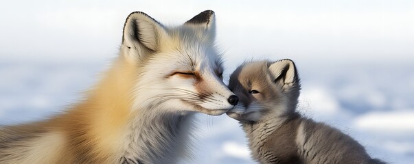 Obraz premium Mother fox gently touches noses with her adorable cub