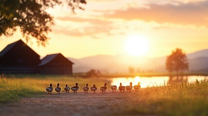 Fototapeta premium A line of ducks walking along a country road at sunset