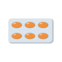 Orange pills in blister pack in flat design. Medical supplies package. Vector illustration isolated.