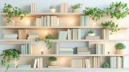 Fototapeta premium Stylish bookshelf with greenery and warm lighting for a cozy reading space Generative AI