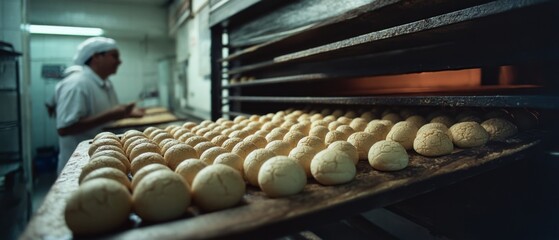 A baker in a warm kitchen stands before a tray of freshly baked buns, exuding hospitality and homemade charm.