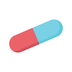 Medical blue and red capsule in flat design. Antibiotic tablet treatment. Vector illustration isolated.