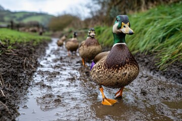 A group of ducks waddles playfully along a muddy farm path, showcasing their colorful feathers against the earthy backdrop. This lively moment captures the essence of farm life during dusk