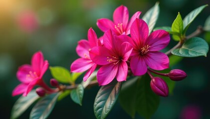 Vibrant fuchsia blossoms, intricate leafy details, pattern design, background
