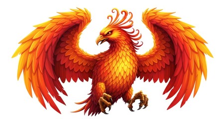 Fototapeta premium Majestic Firebird Illustration - A vibrant illustration of a firebird, wings outstretched, displaying fiery orange and yellow plumage. Perfect for fantasy, mythology, or power-related themes