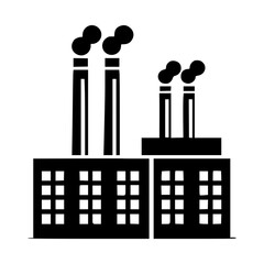 Black factory icon with chimneys emitting smoke, industrial pollution symbol, manufacturing plant silhouette for environmental, industry, or air pollution design concepts