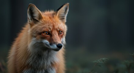 Fototapeta premium Majestic Fox in Misty Forest - A captivating of a red fox with glowing eyes, symbolizing wisdom, cunning, beauty, freedom, and mystery in a serene forest setting