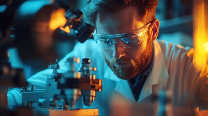 Engineer working diligently in a workshop, focused on intricate machinery and tools, showcasing innovation and precision in a modern environment, engineering concept