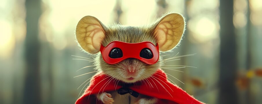 A cute mouse wears a red superhero cape and mask