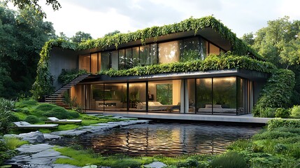 Obraz premium Eco-friendly house with pool and plants high resolution wallpaper