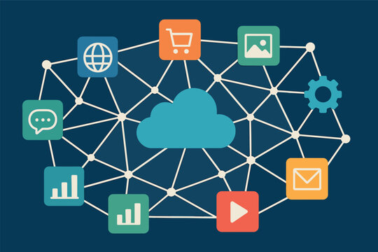 Digital ecosystem and interconnectivity. Vector illustration of networked apps and tools. Suitable for enterprise tech and business platforms.