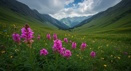 Obraz premium Mountain Meadow Wildflowers in Bloom - Vibrant pink wildflowers bloom in a lush green mountain meadow, set against a backdrop of majestic mountains under a partly cloudy sky