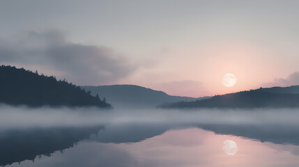 Obraz premium Serene Sunrise Reflection: A tranquil vista unfolds as a calm lake mirrors the dawn sky, with soft morning mist gently veiling the distant hills. The reflection captures the essence of peace.
