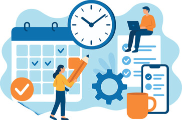 Time management. Vector illustration of calendar planning, daily schedule, and productivity tools, for coaching materials, mobile apps, and business infographics