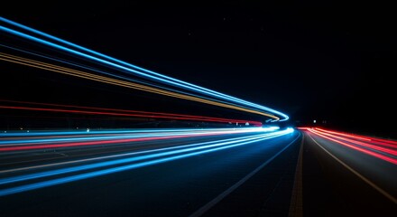 Night Drive Light Trails - Speed, motion, energy, journey, night. Long exposure captures vibrant light streaks of cars on a highway at night. Symbolizing progress, adventure, and the passage of time