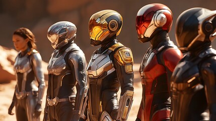 Dramatic scene of soldiers in advanced armor with red glowing visors in space image