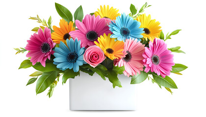 The floral arrangement is a vibrant watercolor piece with orange, teal, and purple flowers