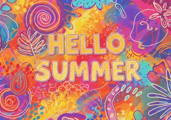 Bright abstract artwork with hello summer lettering. Fun vibrant graphic design with brush strokes and geometric shapes for summer season background or banner.