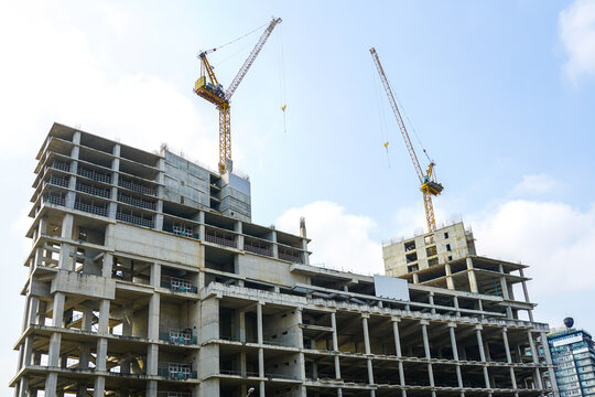 Construction of a new reinforced concrete high-rise building, unfinished building frame