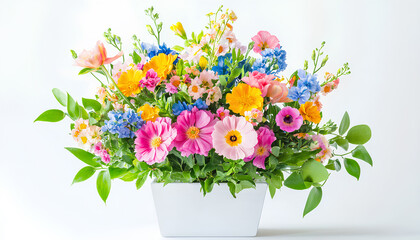 Fototapeta premium The floral arrangement is a vibrant watercolor piece with orange, teal, and purple flowers