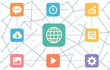 Digital ecosystem and interconnectivity. Vector illustration of networked apps and tools. Suitable for enterprise tech and business platforms.