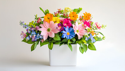 Fototapeta premium The floral arrangement is a vibrant watercolor piece with orange, teal, and purple flowers