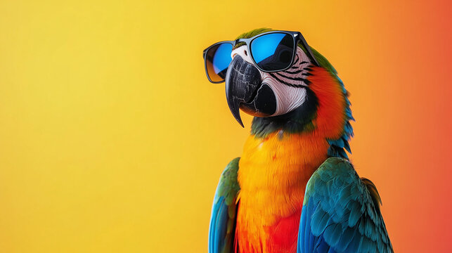 Parrot (Macaw) wearing sunglasses on colorful background for summer vacation concept