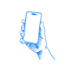 Hand holding mobile smart phone with blank screen. Vector clipart illustration. Line and Ink sketch. Hand drawn Vintage style. 