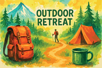 Energetic watercolor brush design for outdoor retreat flyers, hiking product labels, and eco-camp essentials