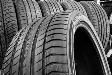 Closeup of the tread of a large size high performance summer tire
