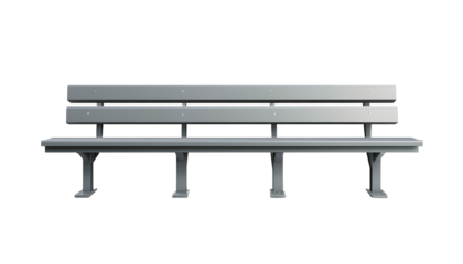 A sleek, modern metallic bench positioned centrally, showcasing its minimalist design against a plain background