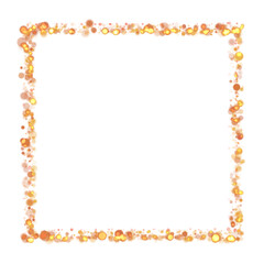 Gold sparkle or glitter lights effect square frame, transparent light bokeh, isolated. Golden border, jewel deco art. Shining dust glowing confetti. 
