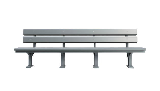 A sleek, modern metallic bench positioned centrally, showcasing its minimalist design against a plain background