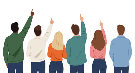 Fototapeta premium Diverse Group of People Pointing Upwards – Unity and Teamwork in Contemporary Flat Illustration