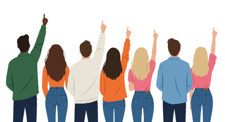 Fototapeta premium Diverse Group of People Pointing Upwards – Unity and Teamwork in Contemporary Flat Illustration