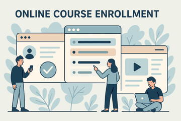Online course enrollment. Vector illustration of students registering on educational platforms, browsing subjects, and selecting video lessons