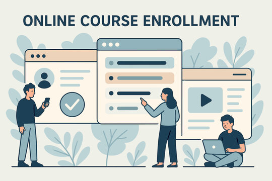 Online course enrollment. Vector illustration of students registering on educational platforms, browsing subjects, and selecting video lessons