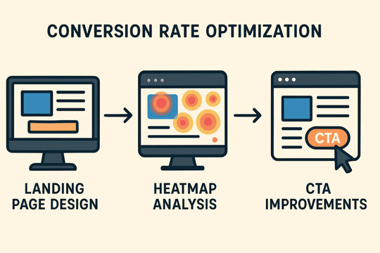 Vector illustration of conversion rate optimization process with landing page design, heatmap analysis, and CTA improvements