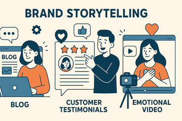 Naklejka premium Vector illustration of brand storytelling through blogs, customer testimonials, and emotional video content creation